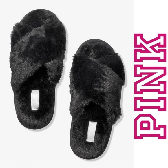 Victoria's Secret PINK | Black Faux Fur Cross Over Slippers | Size Large - Picture 1 of 9